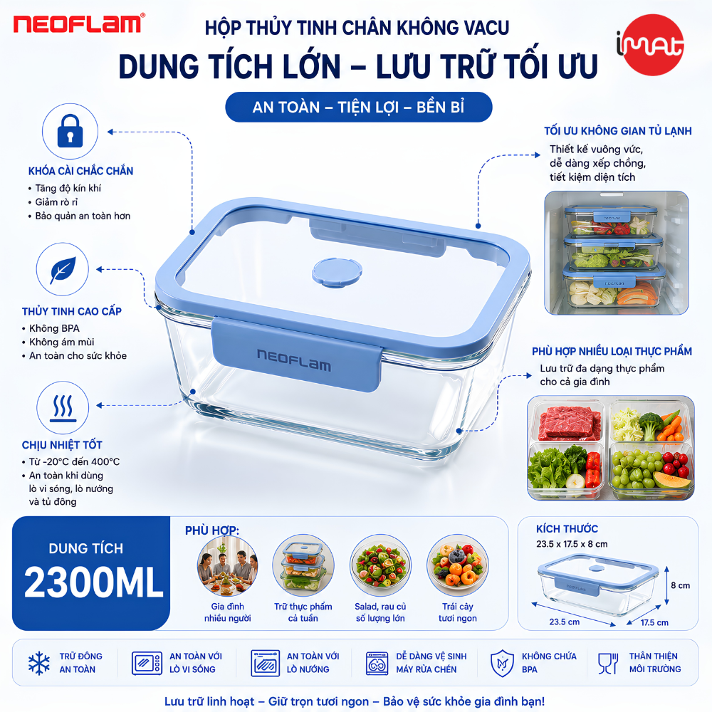 Hộp Thủy Tinh Chân Không Vacu Neoflam Chịu Nhiệt Borosilicate Hút Chân Không 570Ml| 950Ml|1500L| 2300ml