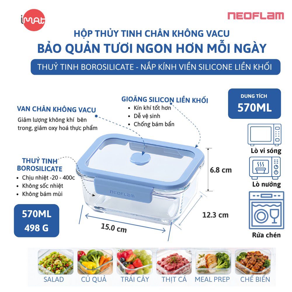 Hộp Thủy Tinh Chân Không Vacu Neoflam Chịu Nhiệt Borosilicate Hút Chân Không 570Ml| 950Ml|1500L| 2300ml