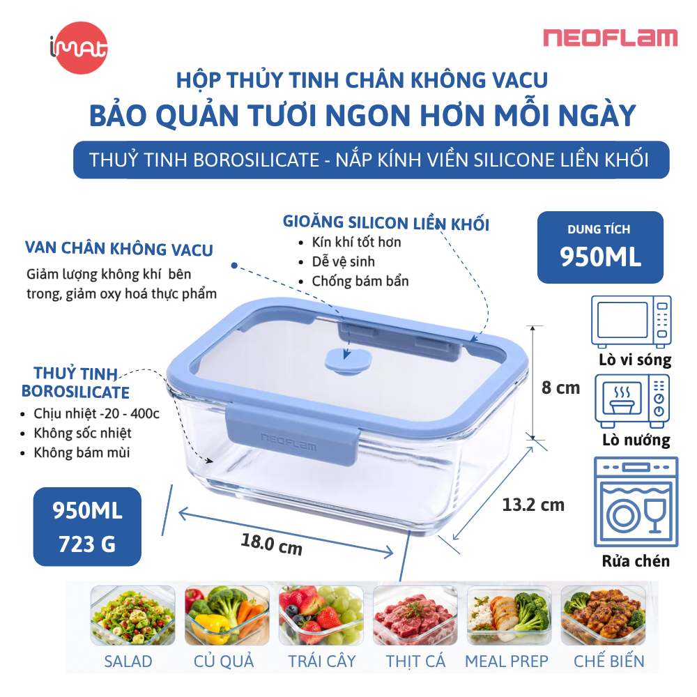 Hộp Thủy Tinh Chân Không Vacu Neoflam Chịu Nhiệt Borosilicate Hút Chân Không 570Ml| 950Ml|1500L| 2300ml