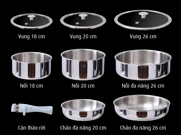 Bộ Nồi Chảo Inox Cán Rời 9 Món – Đa dụng, bền bỉ, tiết kiệm không gian