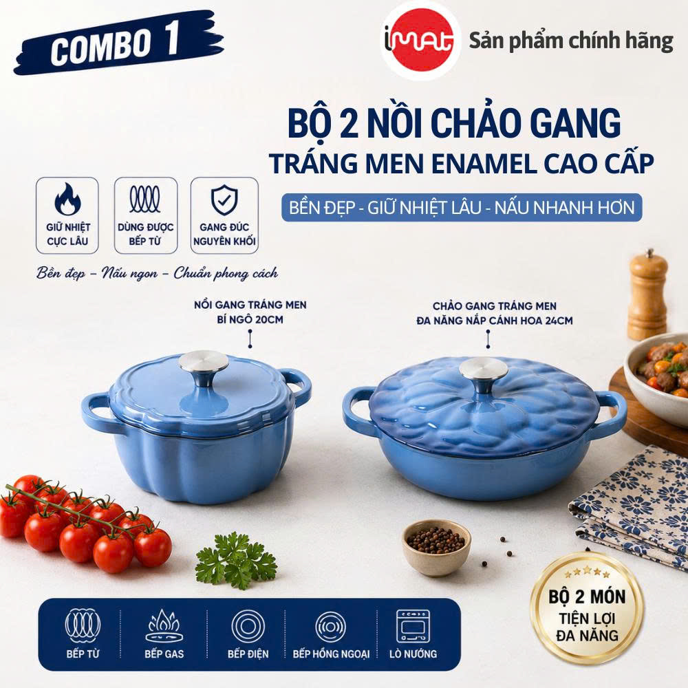 Bộ Nồi Chảo Gang Imat Đúc Tráng Men Sứ Enamel - Nhiều Kích Cỡ Lựa Chọn