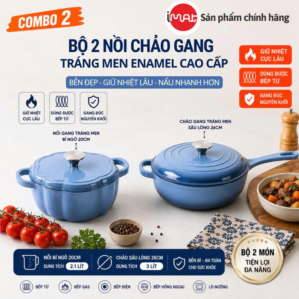 Bộ Nồi Chảo Gang Imat Đúc Tráng Men Sứ Enamel - Nhiều Kích Cỡ Lựa Chọn