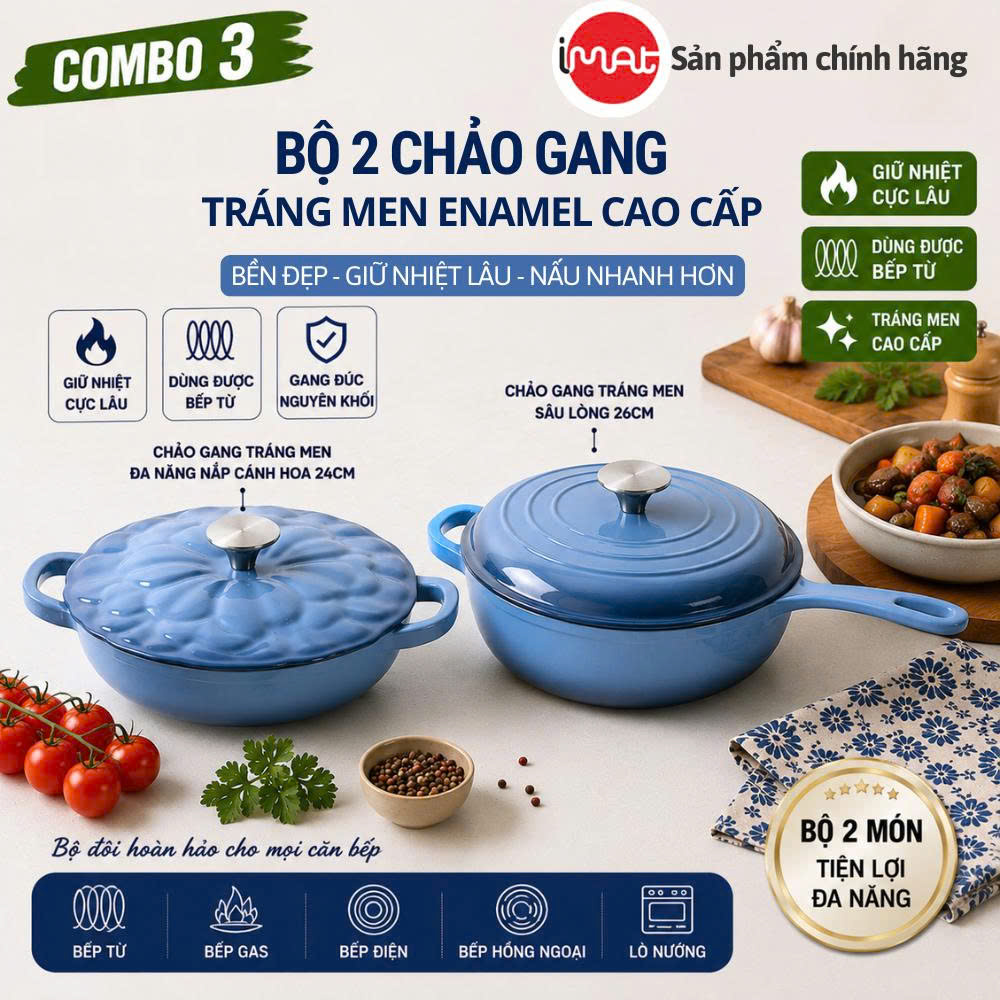 Bộ Nồi Chảo Gang Imat Đúc Tráng Men Sứ Enamel - Nhiều Kích Cỡ Lựa Chọn