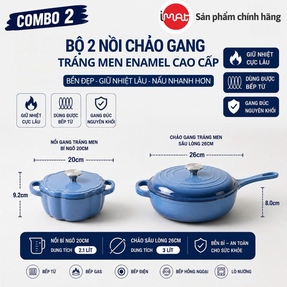 Bộ Nồi Chảo Gang Imat Đúc Tráng Men Sứ Enamel - Nhiều Kích Cỡ Lựa Chọn