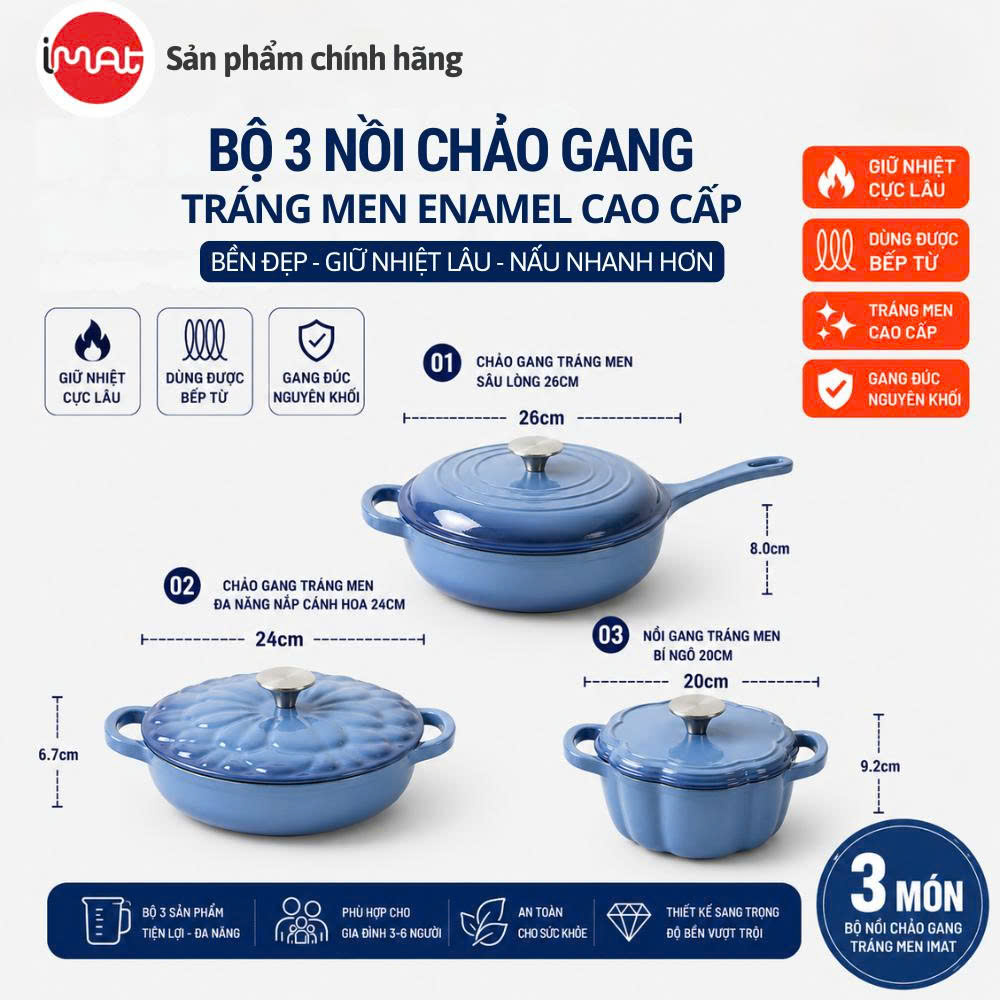 Bộ Nồi Chảo Gang Imat Đúc Tráng Men Sứ Enamel - Nhiều Kích Cỡ Lựa Chọn