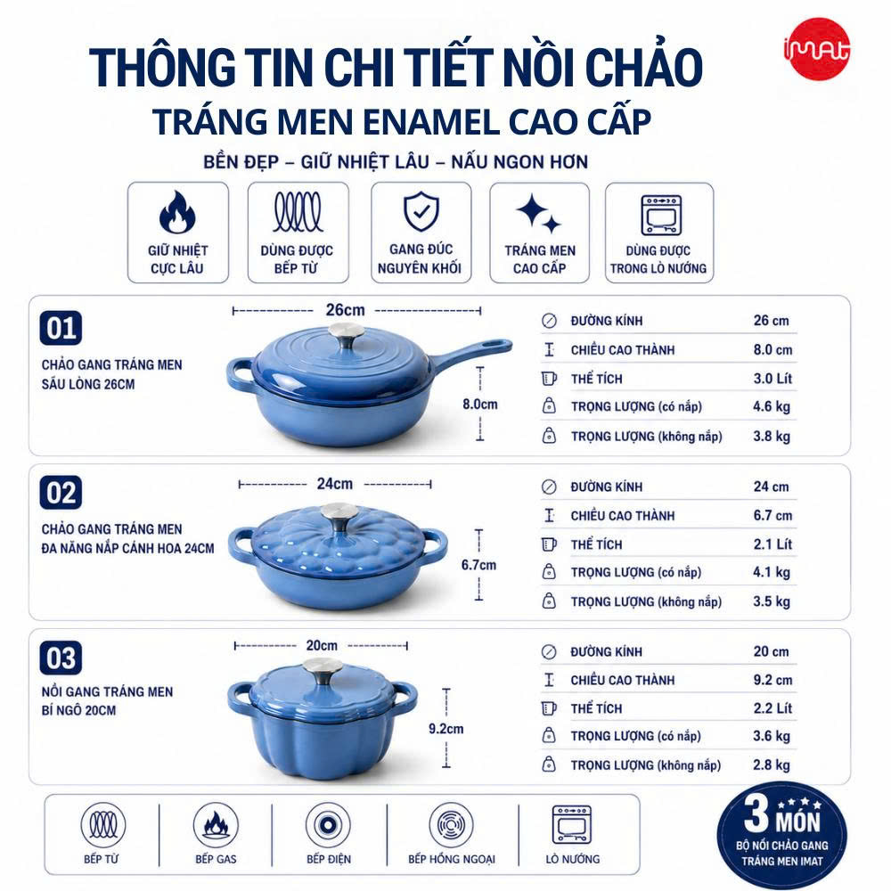 Bộ Nồi Chảo Gang Imat Đúc Tráng Men Sứ Enamel - Nhiều Kích Cỡ Lựa Chọn