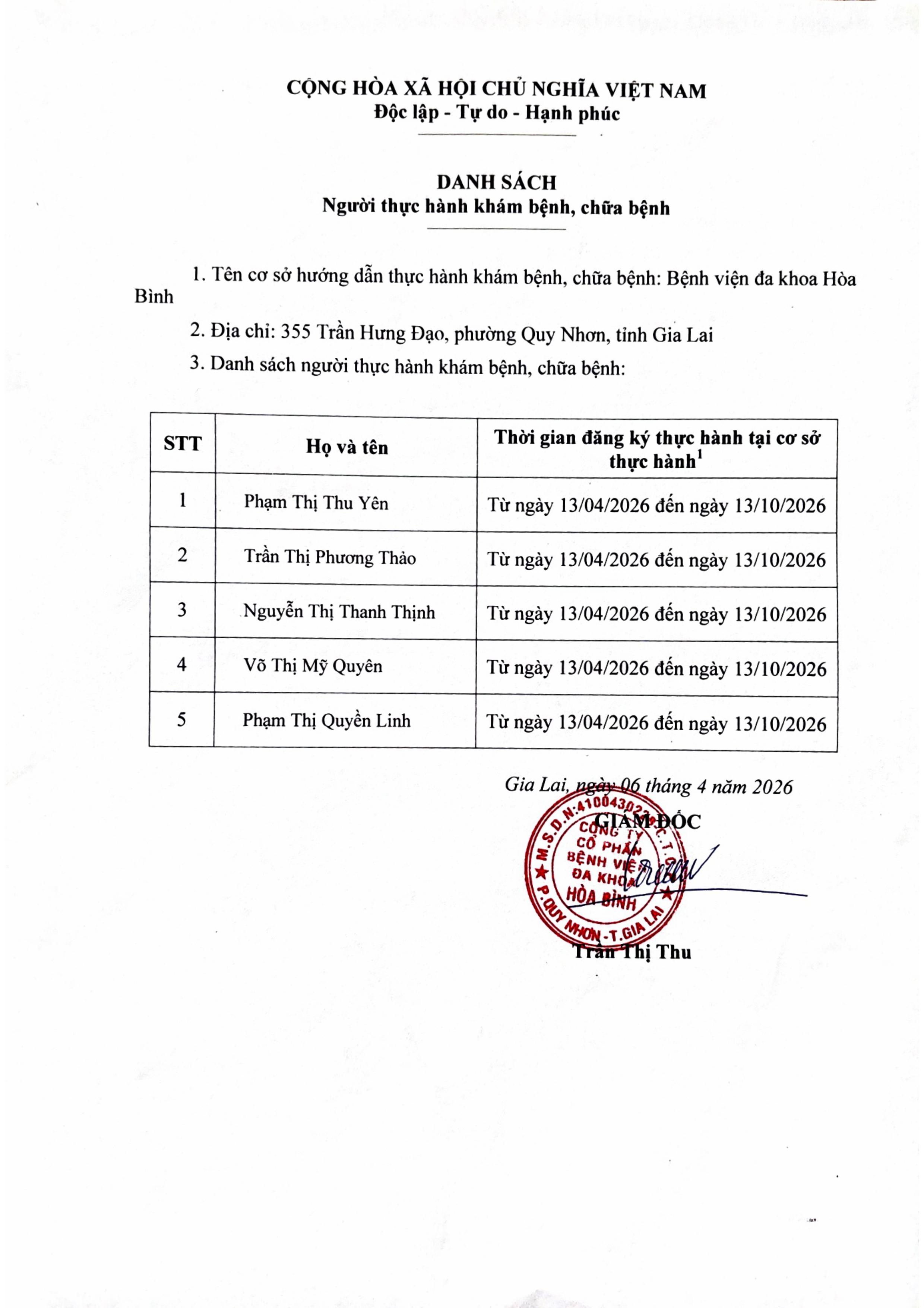 BỆNH VIỆN ĐA KHOA HÒA BÌNH THÔNG BÁO DANH SÁCH NGƯỜI THỰC HÀNH KHÁM BỆNH CHỮA BỆNH