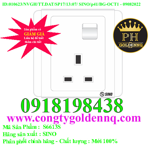 Ổ cắm 3 chấu vuông kiểu Anh có công tắc S6613S