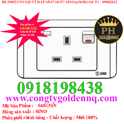 Ổ cắm 13A, 3 chấu vuông kiểu Anh có công tắc và đèn báo SINO S6813SN