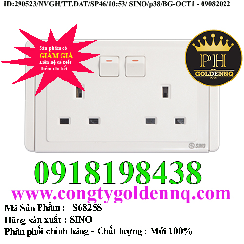 Ổ cắm đôi 13A, 3 chấu vuông kiểu Anh có công tắc SINO S6825S