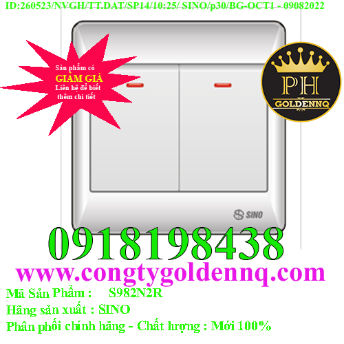Công tắc đôi 2 chiều phím lớn có đèn báo đỏ SINO S982N2R