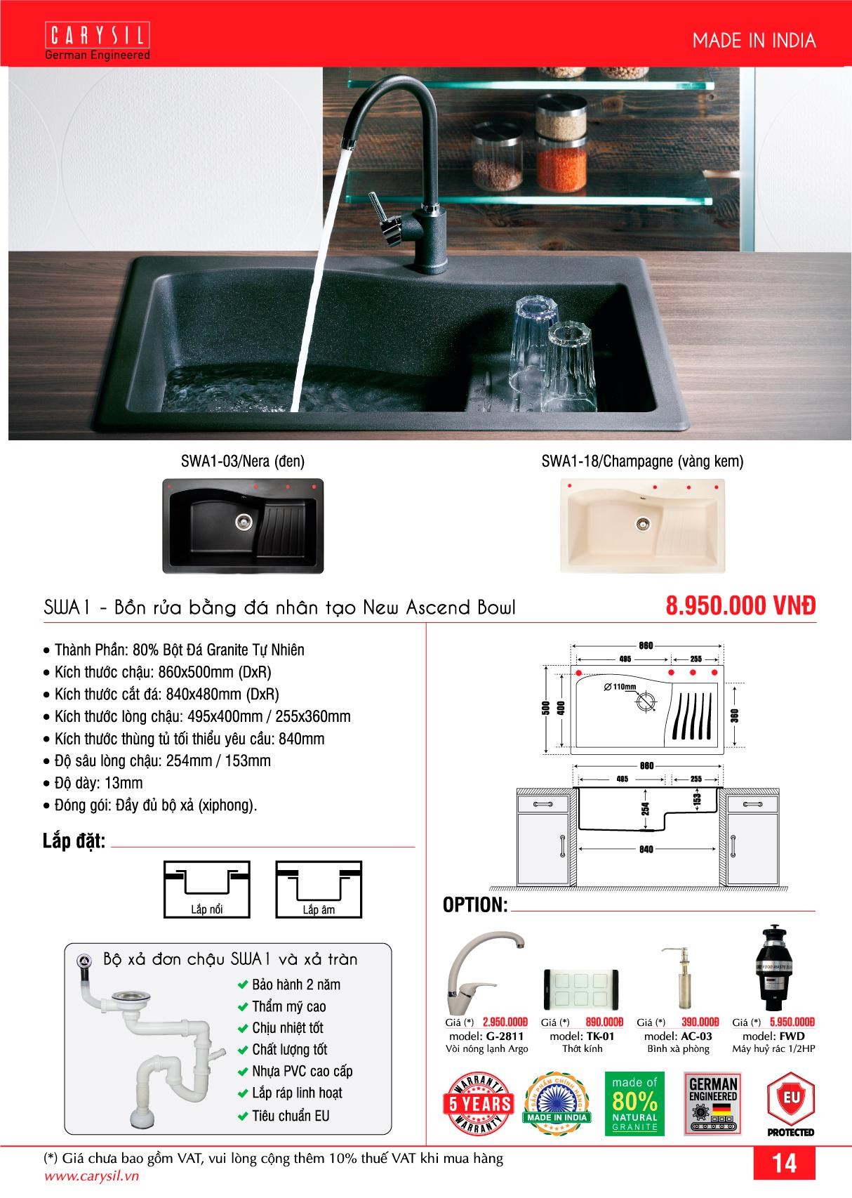 Chậu Rửa SWA1 Thương Hiệu CARYSIL