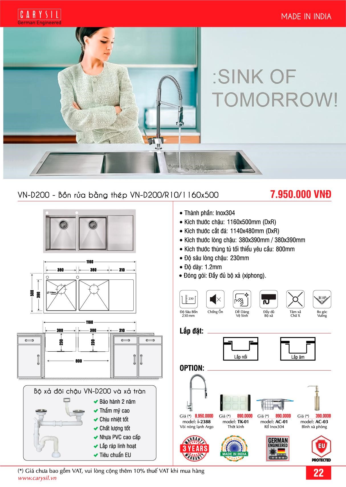 Chậu Rửa INOX VN-D200 Thương Hiệu CARYSIL