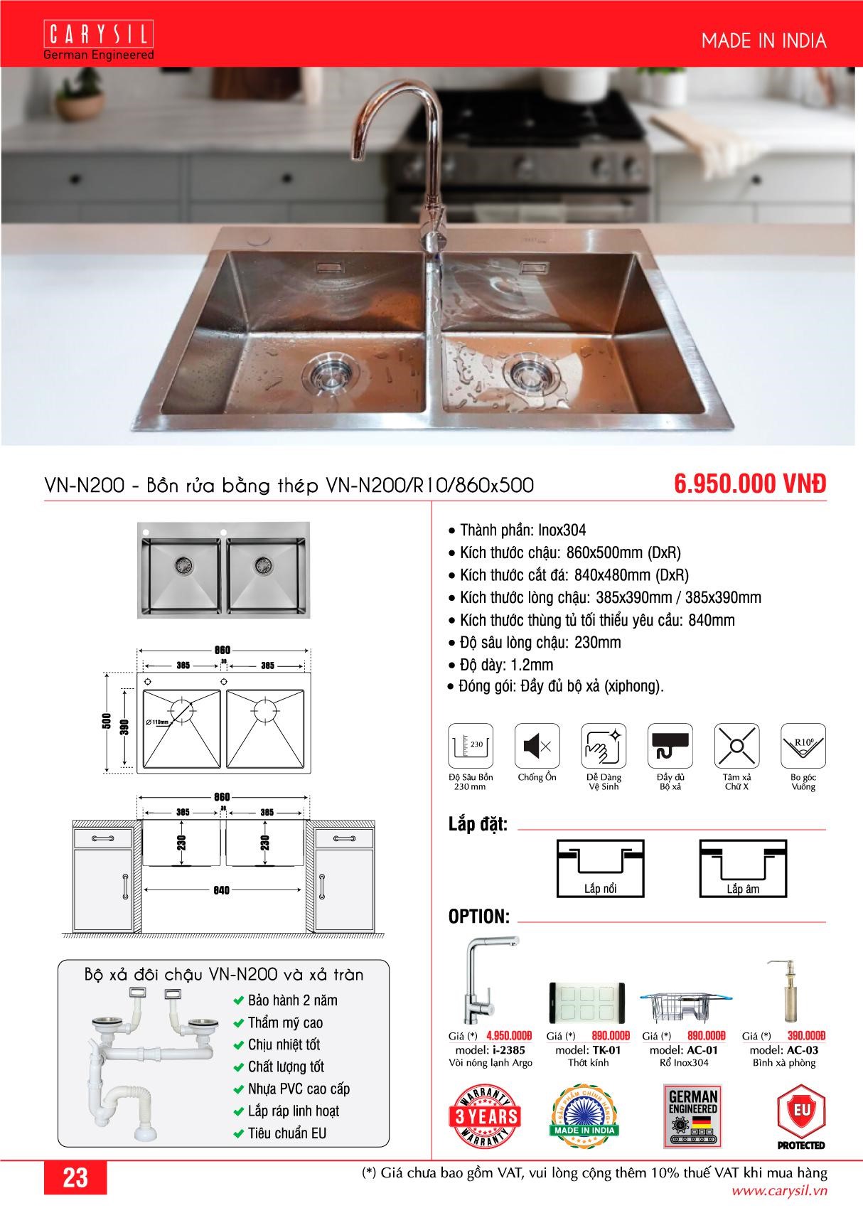 Chậu Rửa INOX VN-N200 Thương Hiệu CARYSIL