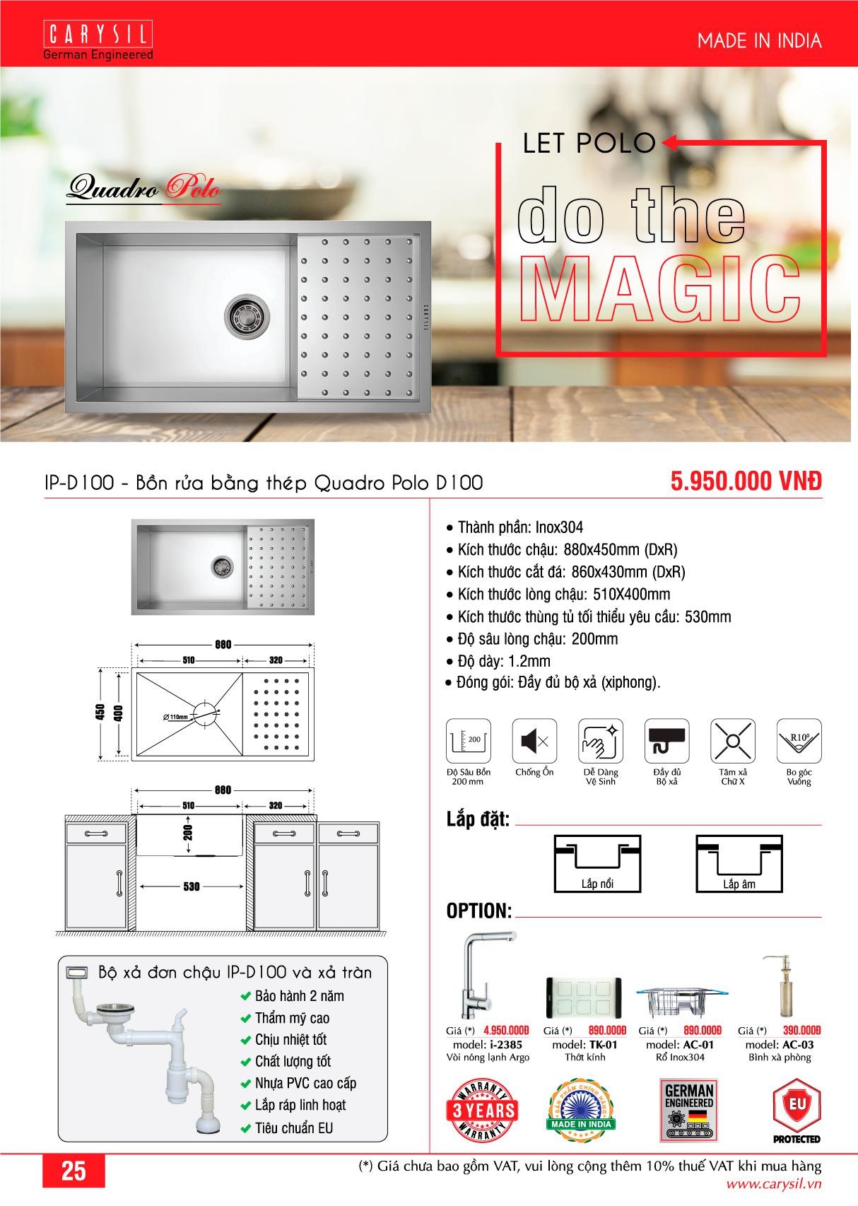 Chậu Rửa INOX IP-D100 Thương Hiệu CARYSIL