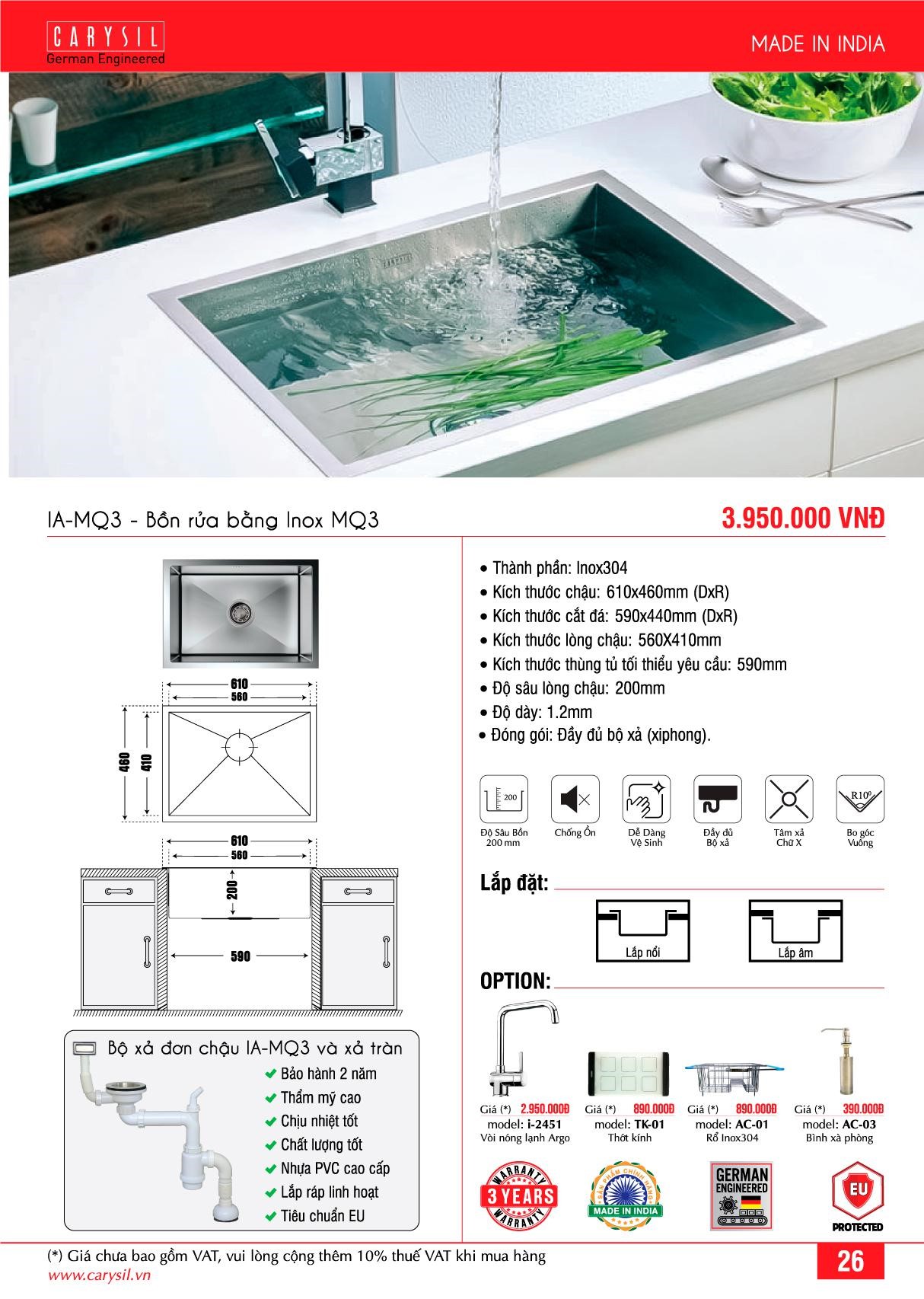 Chậu Rửa INOX IA-MQ3 Thương Hiệu CARYSIL