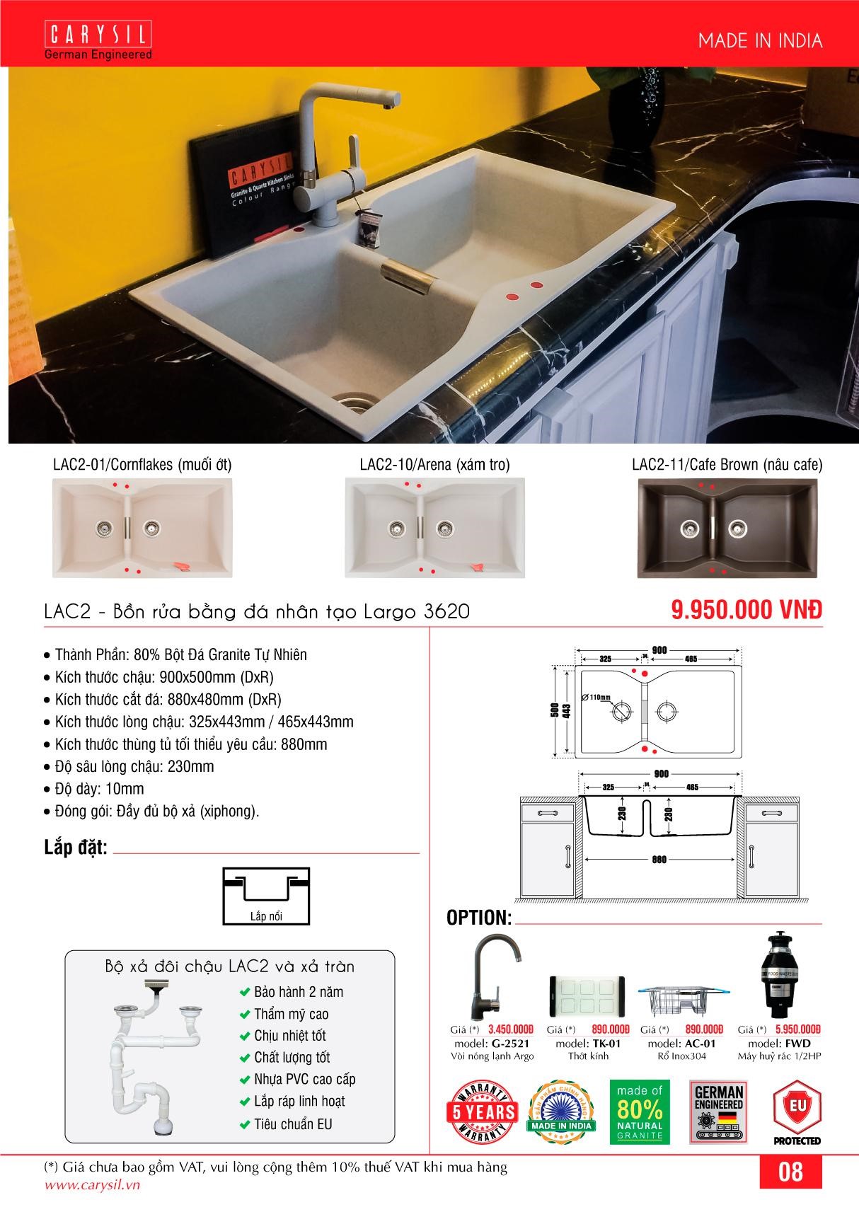 CHẬU RỬA LAC2 THƯƠNG HIỆU CARYSIL