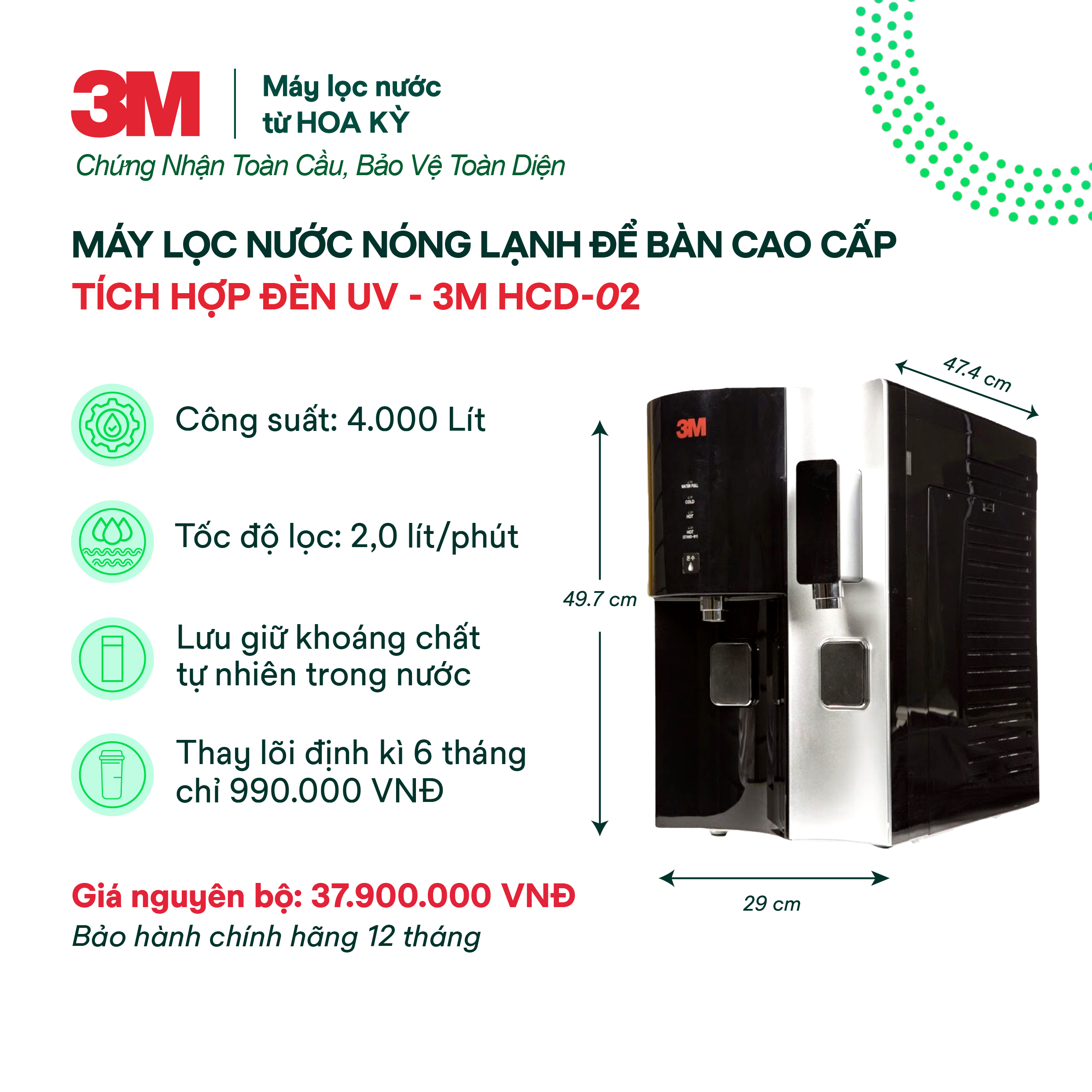 Máy Lọc Nước Nóng Lạnh Để Bàn Cao Cấp 3M HCD2