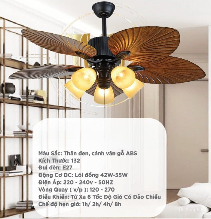 Quạt trần đèn Duc Minh JSM.21 thân den, cánh vân gỗ
