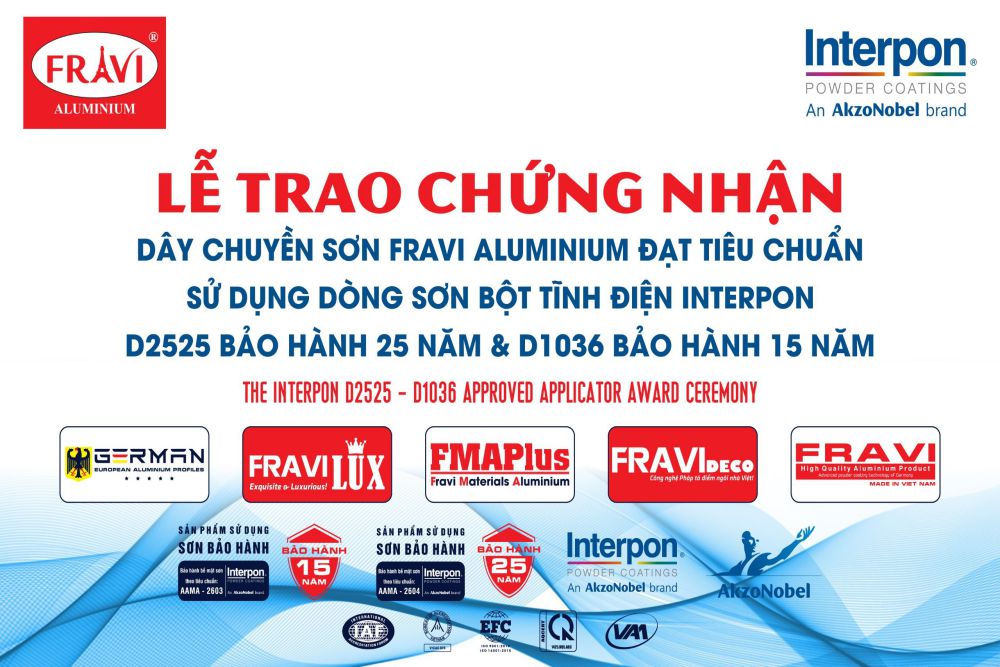 Lễ trao chứng nhận dây chuyền sơn FRAVI Aluminium đạt tiêu chuẩn sử dụng dòng sơn bột tĩnh điện interpon