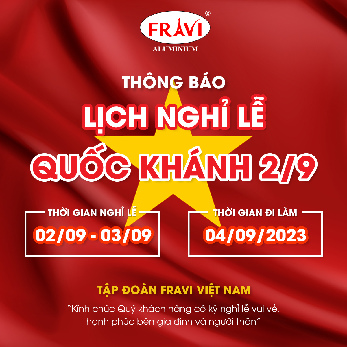 FRAVI THÔNG BÁO LỊCH NGHỈ LỄ QUỐC KHÁNH 02-09