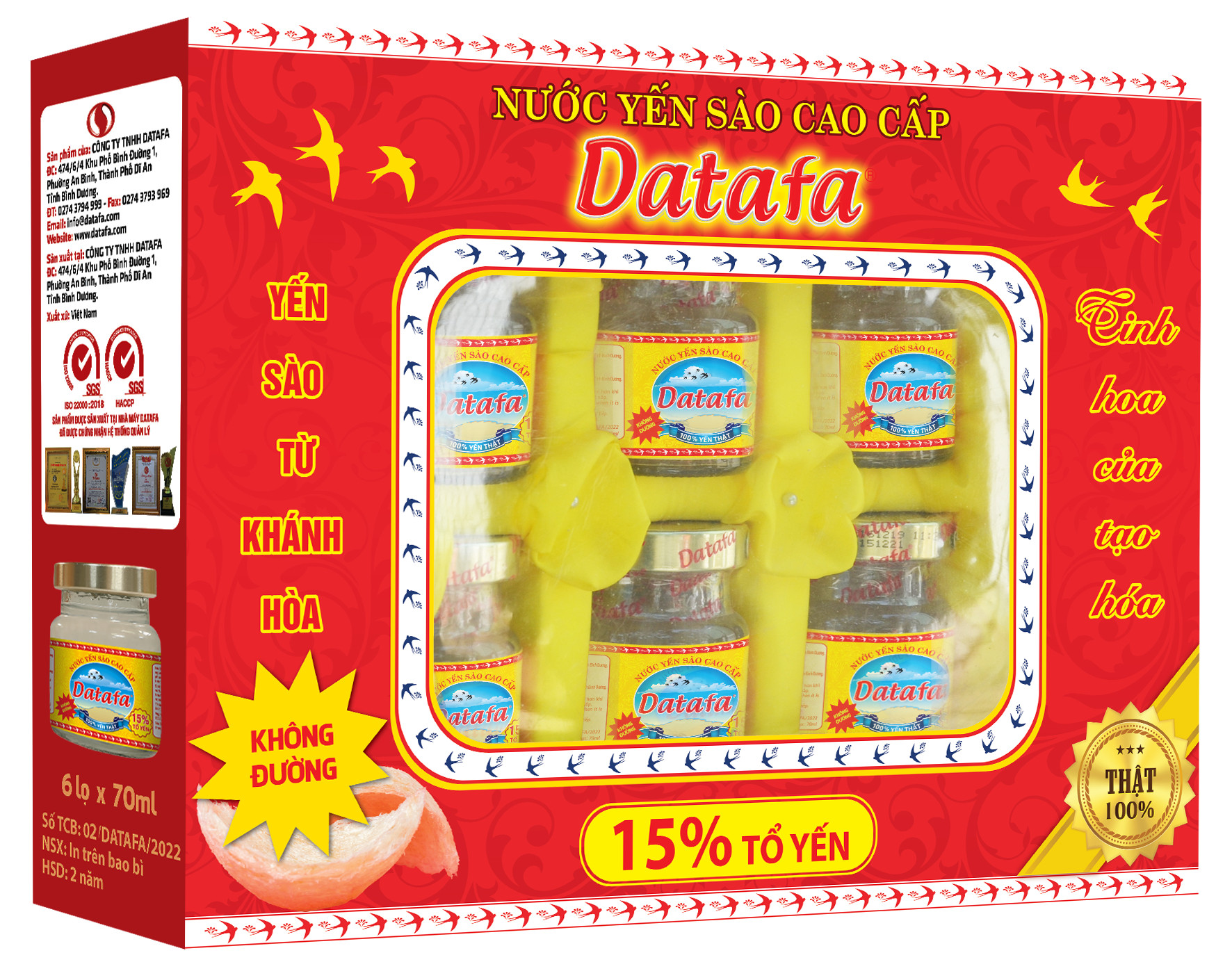 Yến Sào Cao Cấp DATAFA (15% TỔ YẾN) - Không Đường Hộp 6 lọ