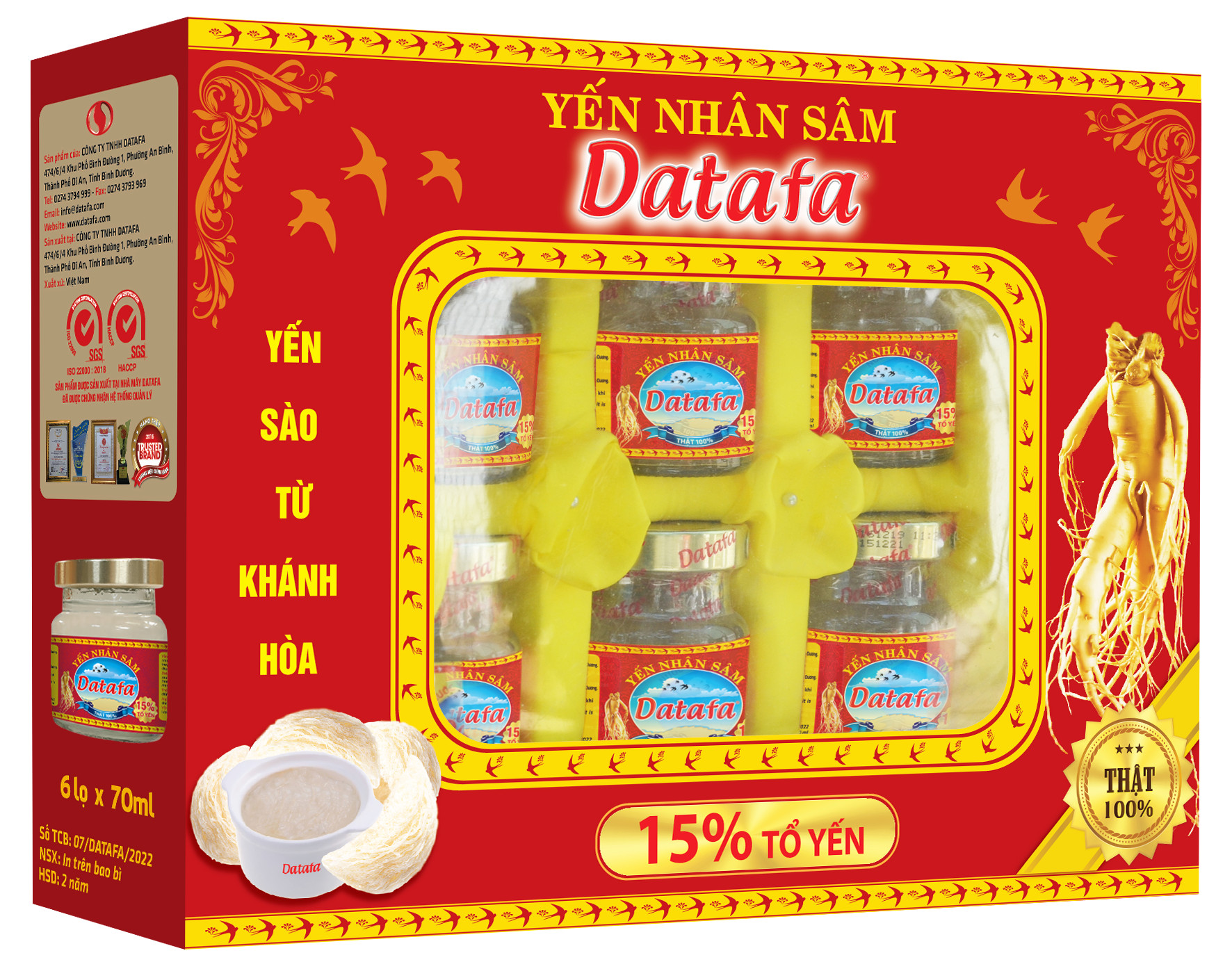 Yến Sào Nhân Sâm DATAFA (15% TỔ YẾN) - Hộp lốc 6 lọ