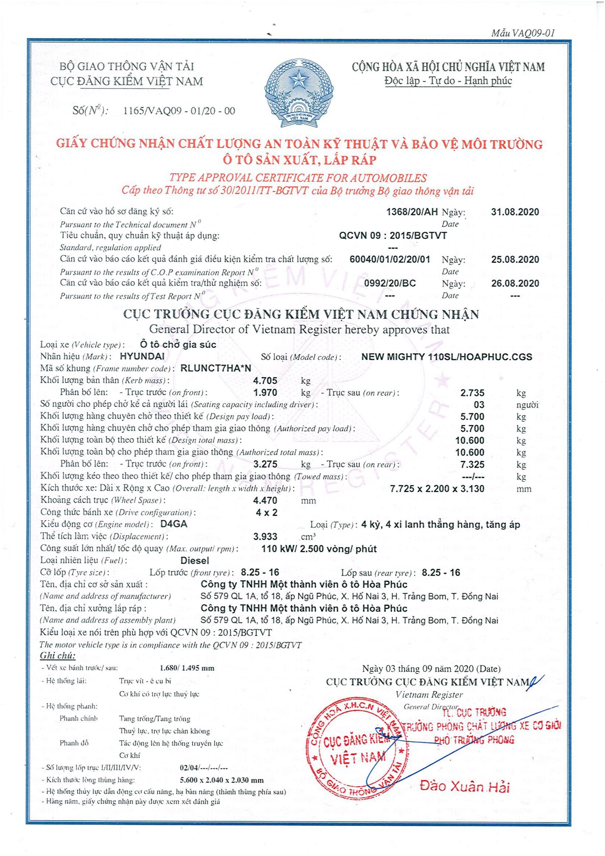 HYUNDAI 110SL CHỞ GIA SÚC. TẢI TRỌNG 7 TẤN. THÙNG 5M7