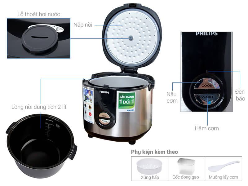Thông số kỹ thuật Nồi cơm điện Philips 2 lít HD3128/66 Bạc