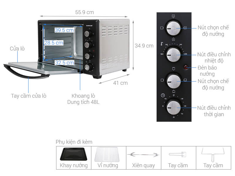 Thông số kỹ thuật Lò nướng điện Sunhouse SHD4248S 48 lít