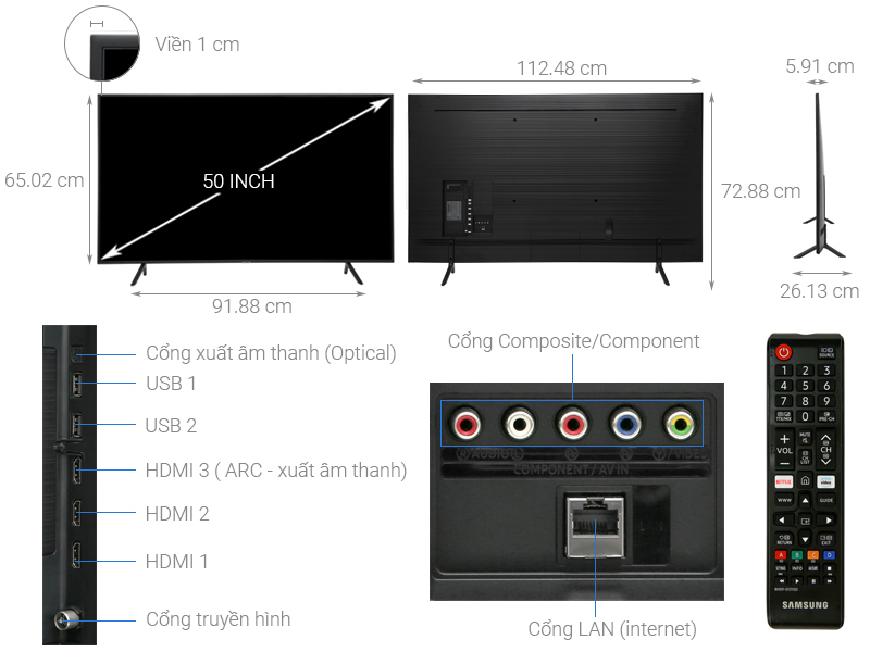 Thông số kỹ thuật Samsung Smart Tivi 4K 50 inch UA50RU7100