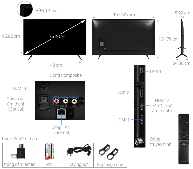 Thông số kỹ thuật Samsung Smart Tivi Crystal UHD 4K 75 inch UA75TU8100