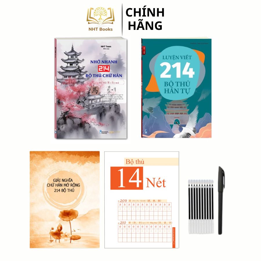 Combo Sách Nhớ Nhanh 214 Bộ Thủ + Sách Luyện Viết 214 Bộ Thủ Hán Tự, 10 ngòi bay màu 1 bút