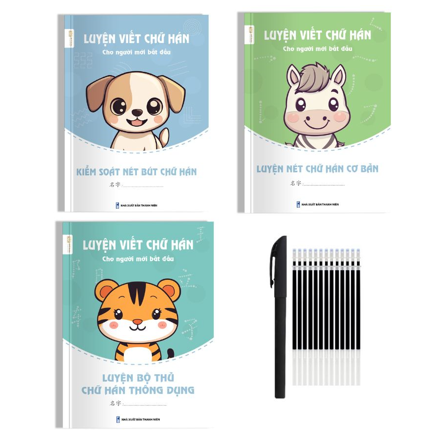 Combo 3 vở luyện viết nét chữ Hán cơ bản NHT Books + 1 bút10 ngòi bay màu