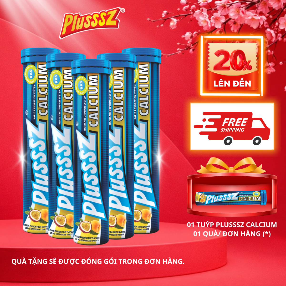 [COMBO 5 TUÝP x 20 VIÊN] Viên sủi Plusssz Calcium vị Đào, chanh leo không đường - nhập khẩu chính hãng