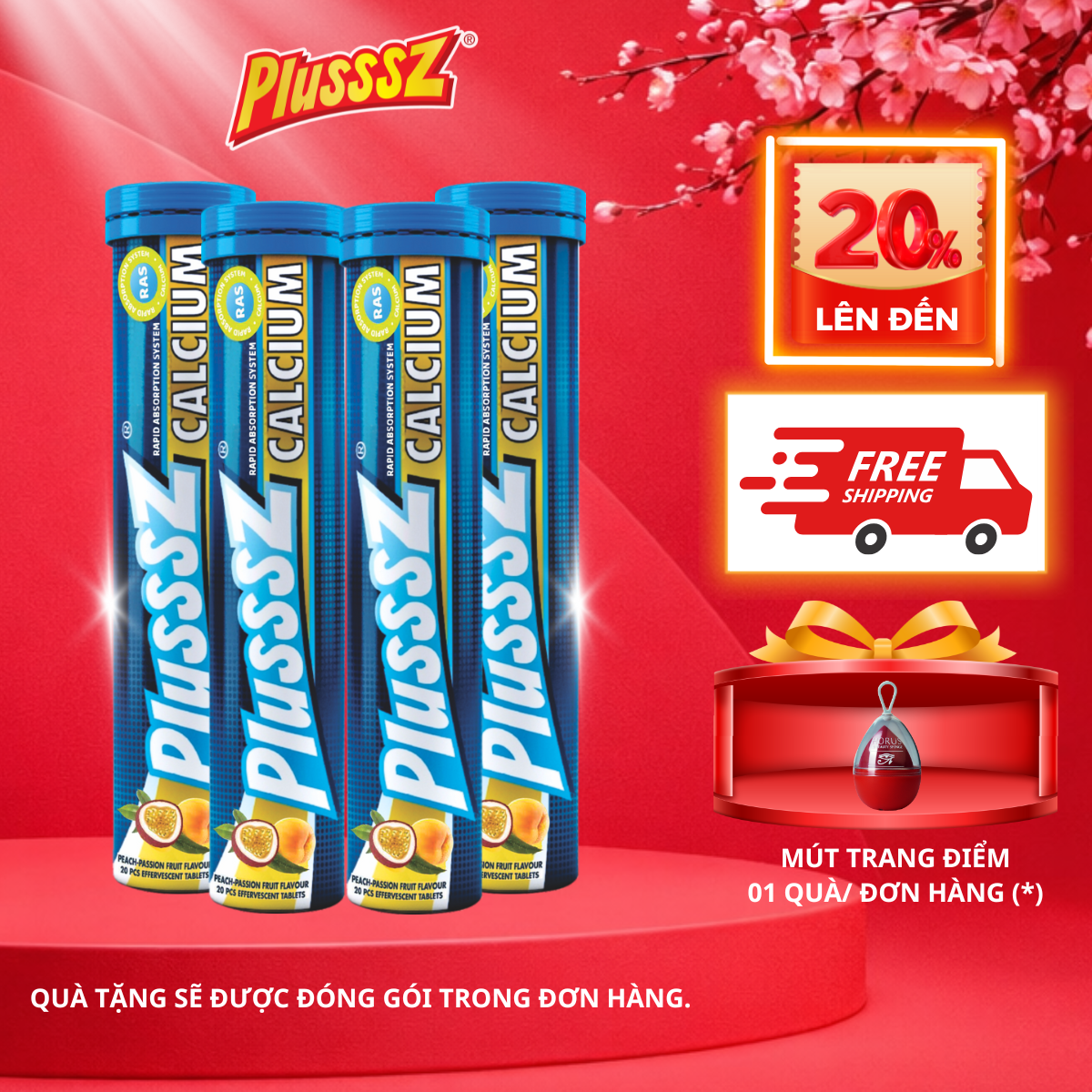 [COMBO 4 TUÝP X 20 VIÊN] PLUSSSZ CALCIUM vị đào, chanh leo không đường - Hàng nhập khẩu