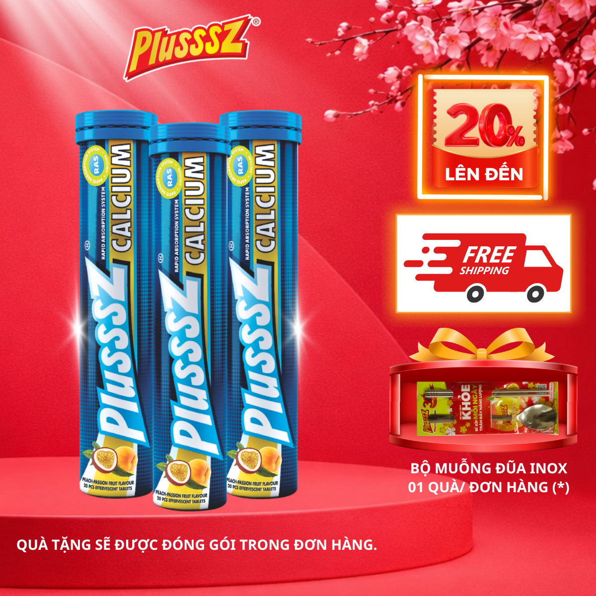 [COMBO 3 TUÝP X 20 VIÊN] PLUSSSZ CALCIUM vị đào, chanh leo không đường - Hàng nhập khẩu