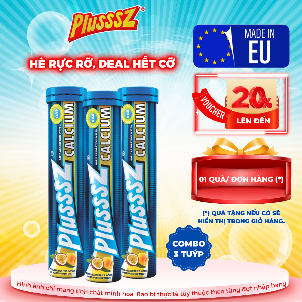 [COMBO 3 TUÝP X 20 VIÊN] PLUSSSZ CALCIUM vị đào, chanh leo không đường - Hàng nhập khẩu
