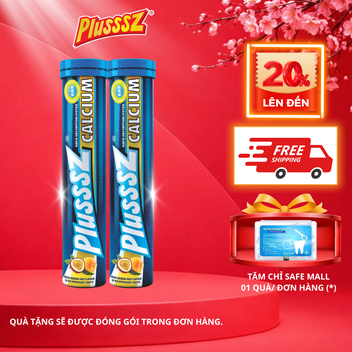 [COMBO 2 TUÝP X 20 VIÊN] PLUSSSZ CALCIUM vị đào, chanh leo không đường - Hàng nhập khẩu