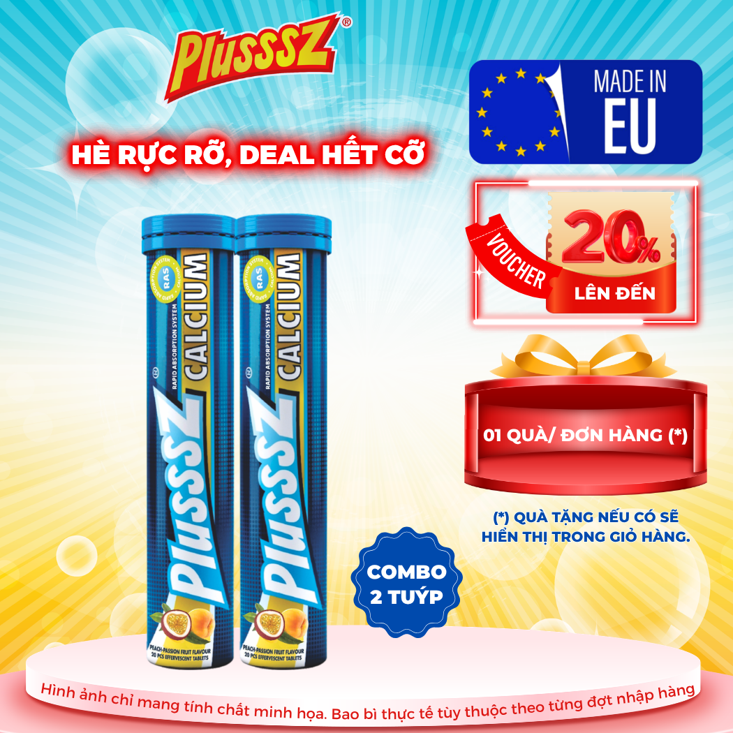 [COMBO 2 TUÝP X 20 VIÊN] PLUSSSZ CALCIUM vị đào, chanh leo không đường - Hàng nhập khẩu