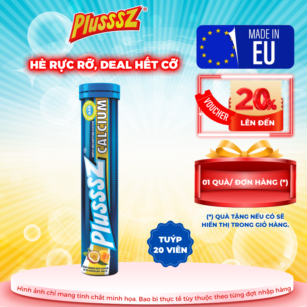 [TUÝP X 20 VIÊN] PLUSSSZ CALCIUM vị đào, chanh leo không đường - Nhập khẩu chính hãng