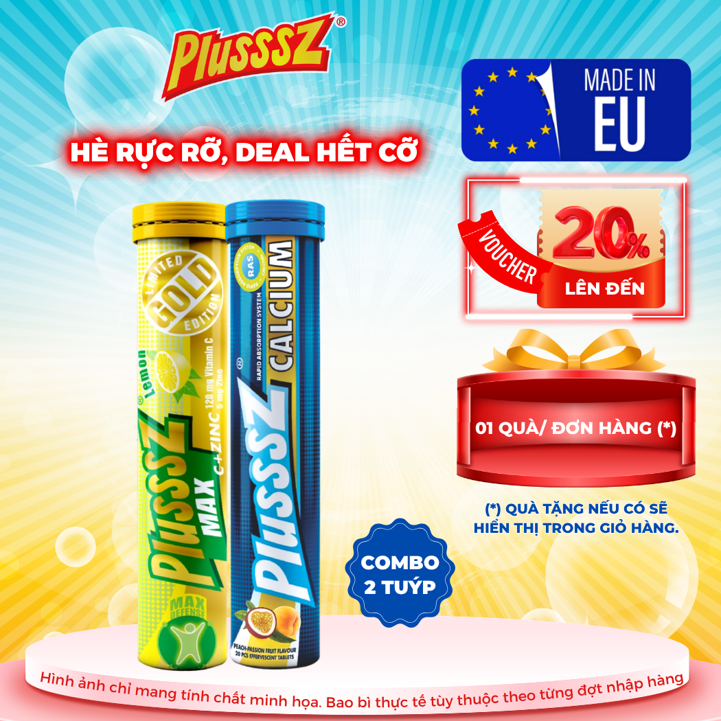 (COMBO 2 TUÝP X 20 VIÊN SỦI) Plusssz Max Vitamin C & Kẽm ZinC Vị Chanh Không Đường + PLUSSSZ CALCIUM - Hương Đào, Chanh Leo Không Đường