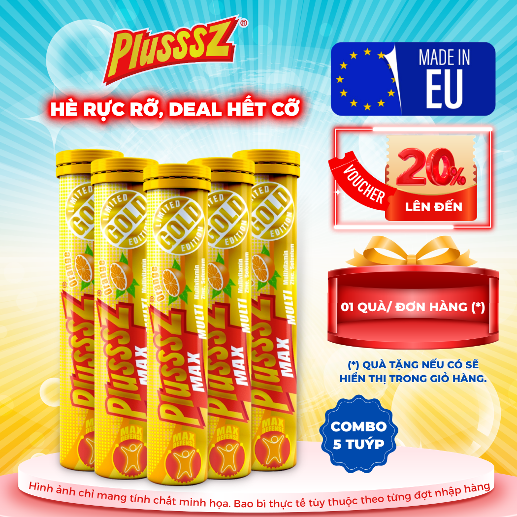 (COMBO 5 TUÝP x 20 Viên sủi) PLUSSSZ MAX MULTIVITAMIN VỊ CAM Không Đường - HÀNG NHẬP KHẨU