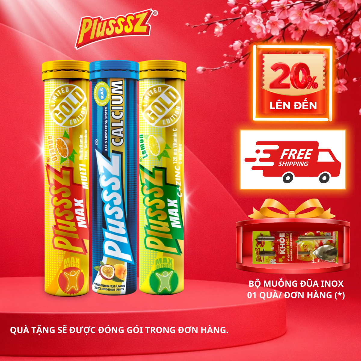 (COMBO 3 TUYP X 20 viên sủi) Plusssz Max multivitamin vị Cam + Plusssz Max vitamin C vị Chanh + Plusssz Canxi vị Đào mix Chanh leo không đường