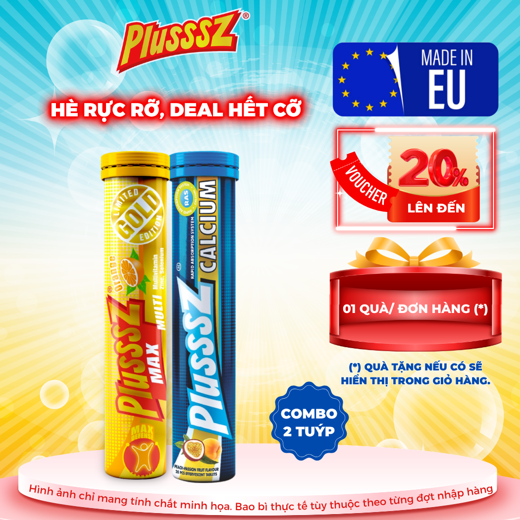 (COMBO 2 TUÝP X 20 VIÊN SỦI) Plusssz Max Multivitamin vị Cam  không đường + PLUSSSZ CALCIUM - Hương Đào, Chanh Leo Không Đường