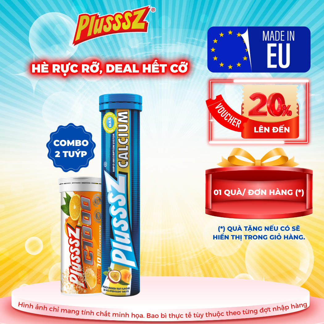 (COMBO 2 TUÝP) PLUSSSZ CALCIUM - Hương Đào, Chanh Leo Không Đường (tuýp 20 viên) + PLUSSSZ C1000 (tuýp 10 viên sủi) 4g
