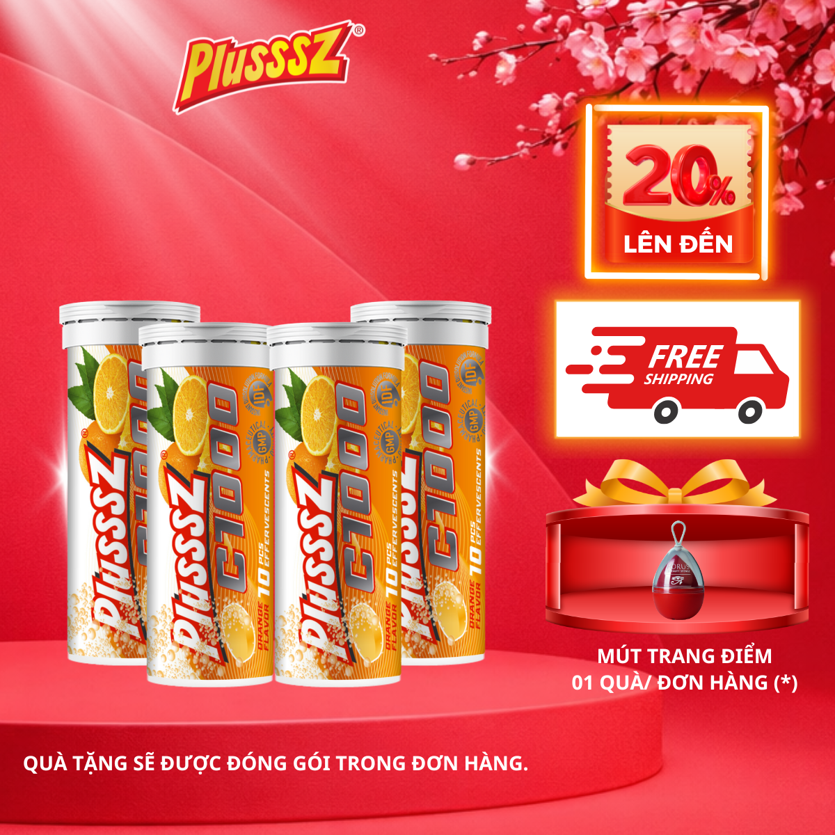 {COMBO 4 TUÝP X10 viên sủi 4g} PLUSSSZ C1000 vị cam không đường - Hàng nhập khẩu