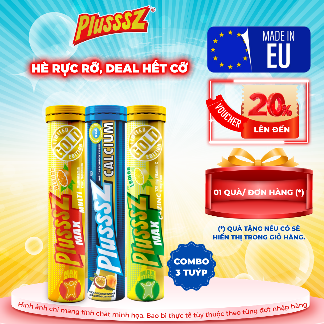 (COMBO 3 TUYP X 20 viên sủi) Plusssz Max multivitamin vị Cam + Plusssz Max vitamin C vị Chanh + Plusssz Canxi vị Đào mix Chanh leo không đường