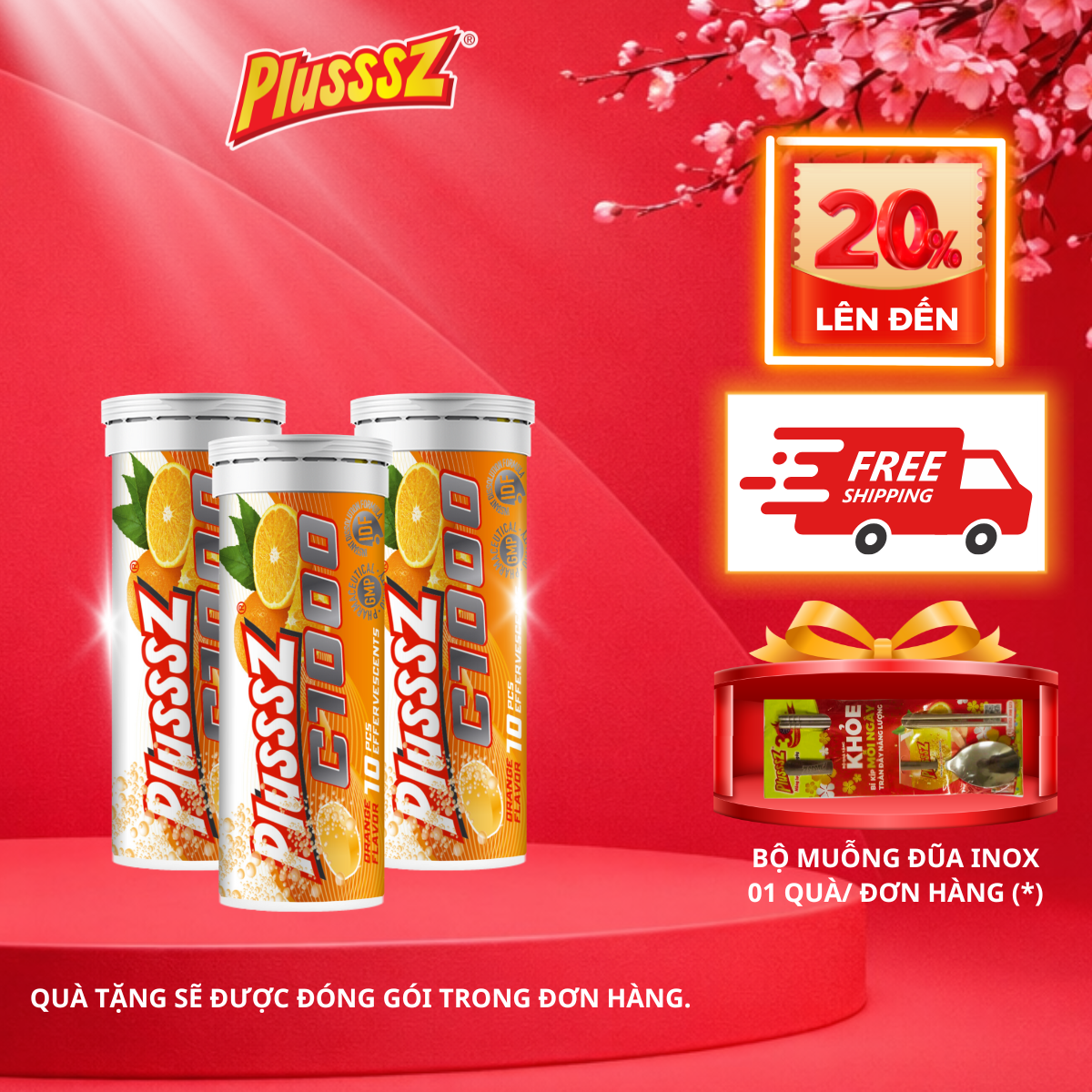 {COMBO 3 TUÝP X10 viên sủi 4g} PLUSSSZ C1000 vị cam không đường - Hàng nhập khẩu