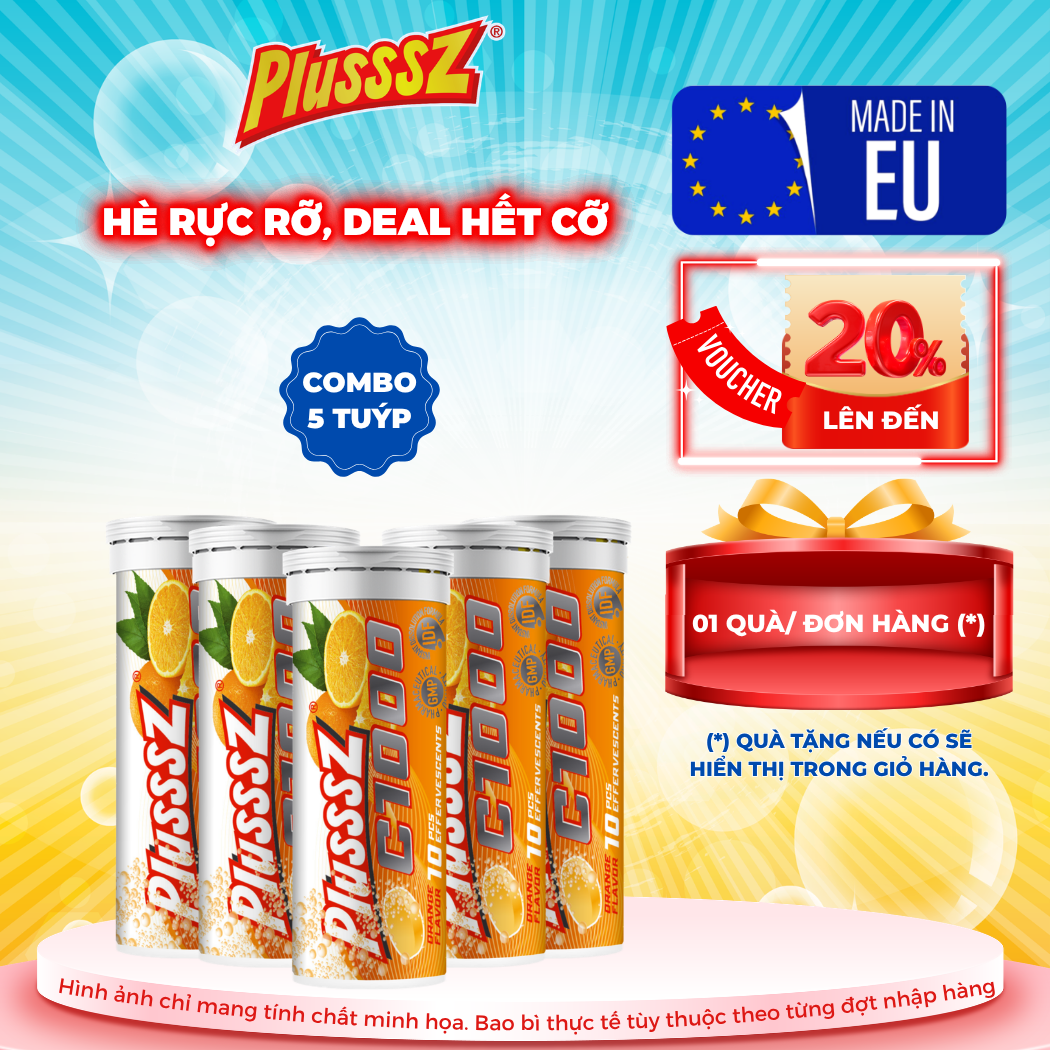 {COMBO 5 TUÝP X10 viên sủi 4g} PLUSSSZ C1000 vị cam không đường - Hàng nhập khẩu